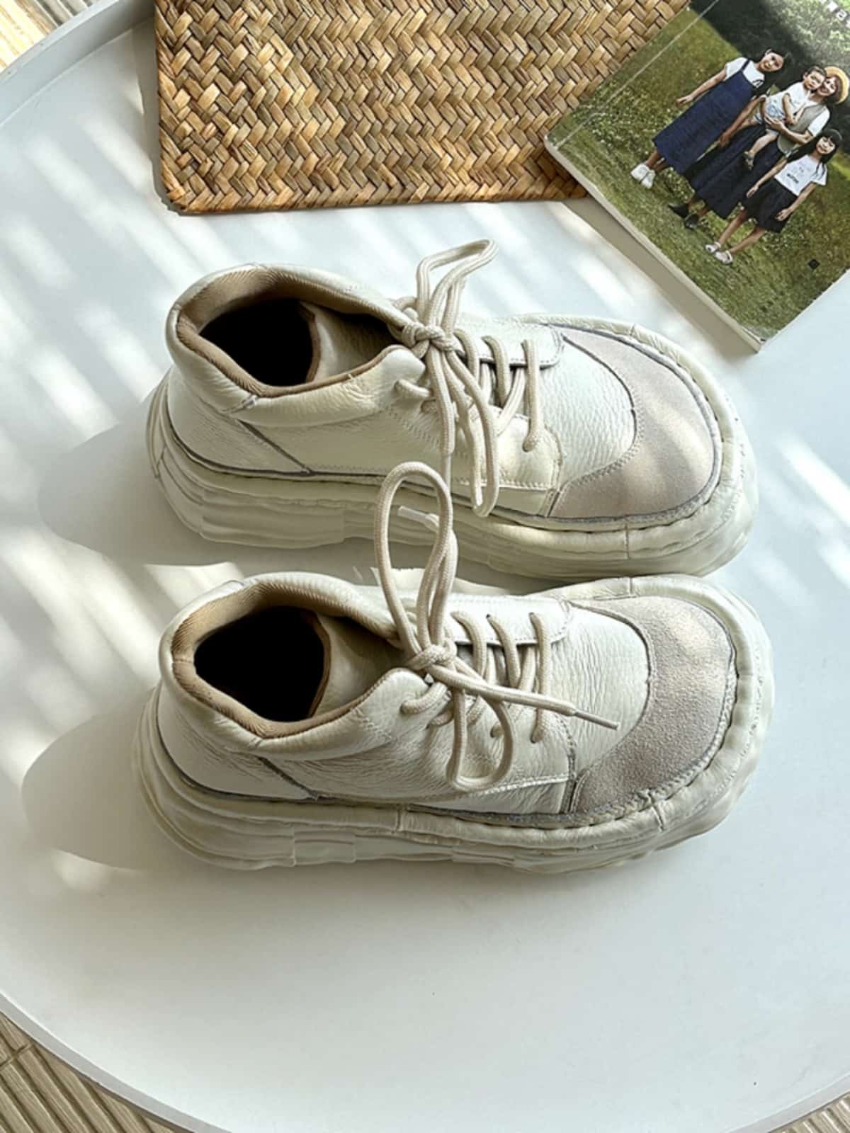 Leather round head lace-up platform big head shoes high top shoes short boots women