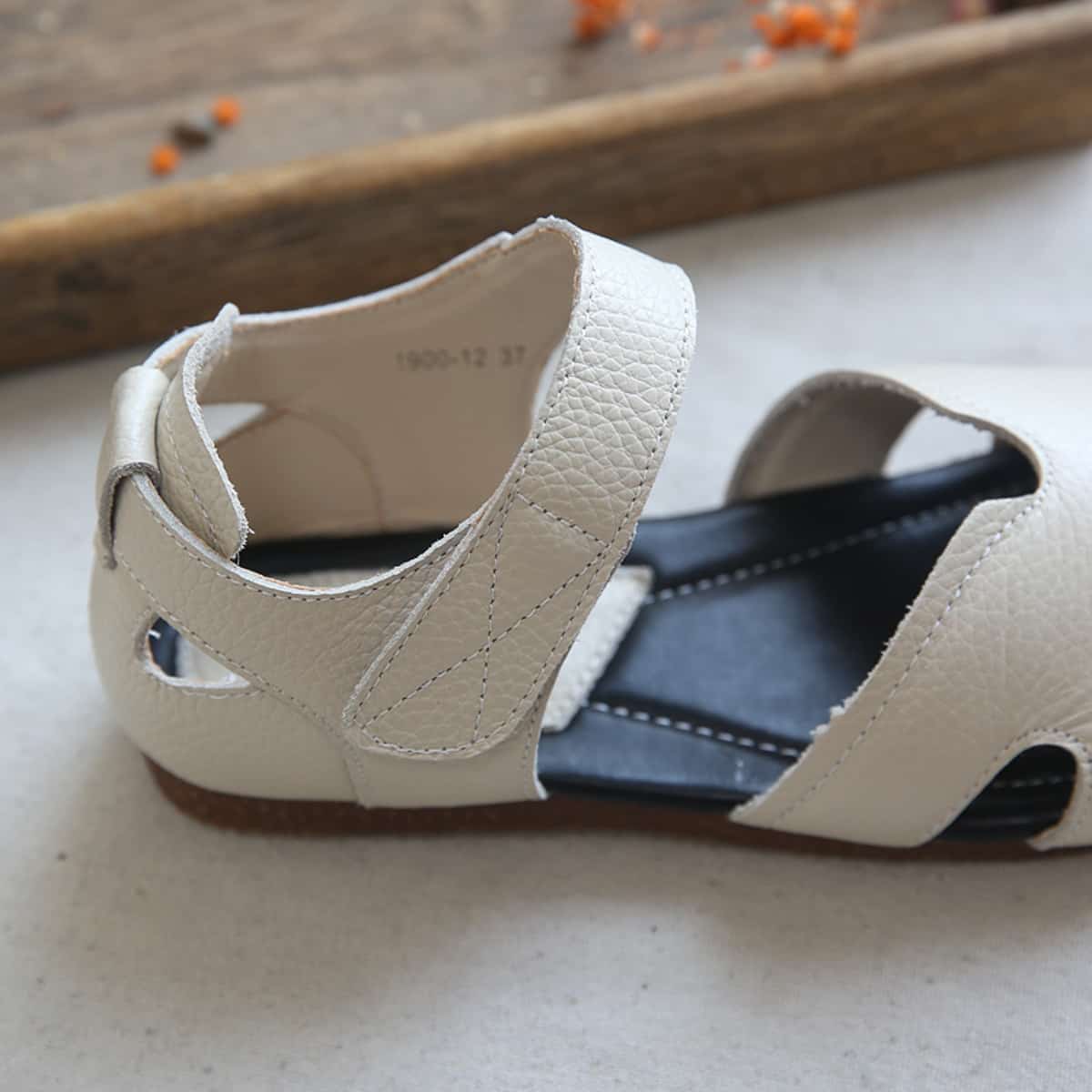 Leather hollow bag head flats summer comfortable word with low heel sandals women