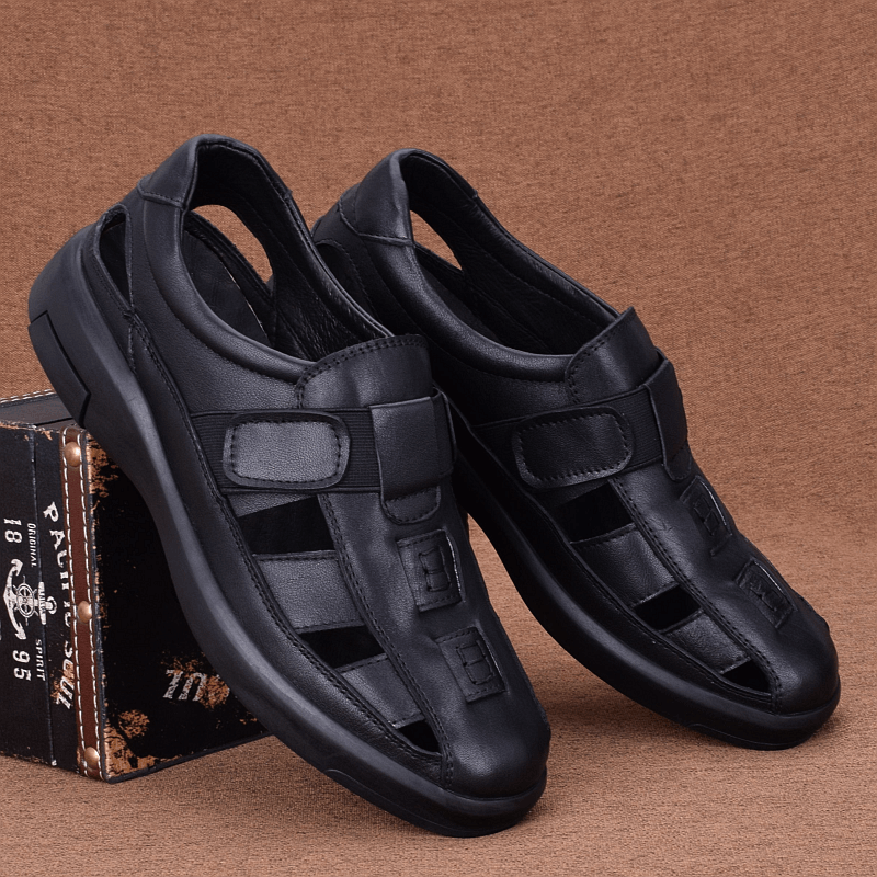 Men's sandals summer leather men's shoes breathable casual soft sole hollow leather shoes dad cowhide sandals