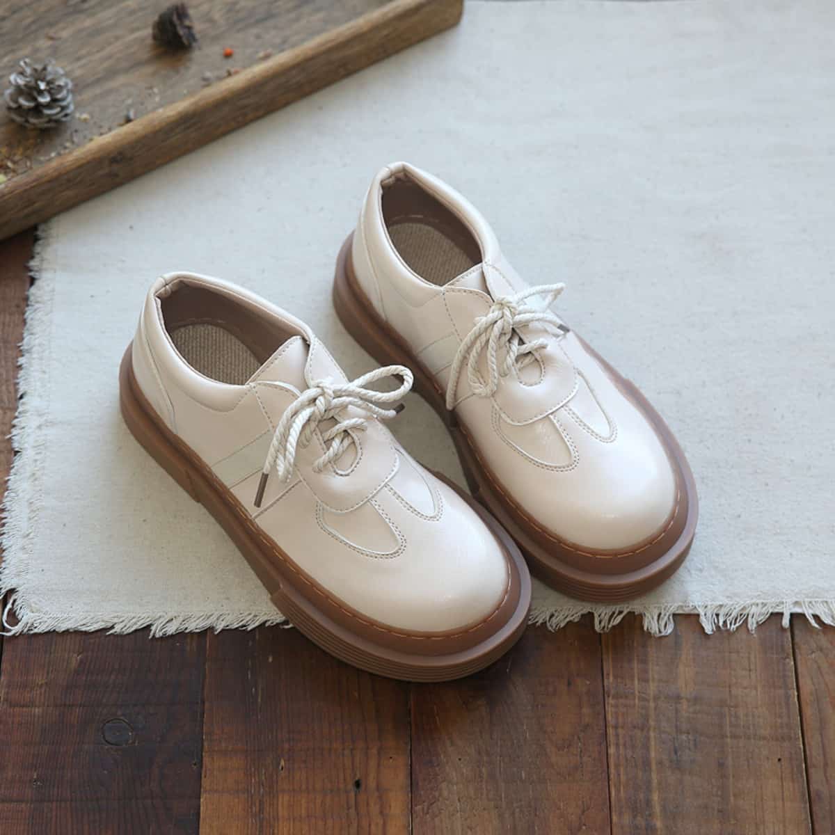 Glossy round head lace-up thick-soled big head shoes versatile small leather shoes single shoes women's autumn