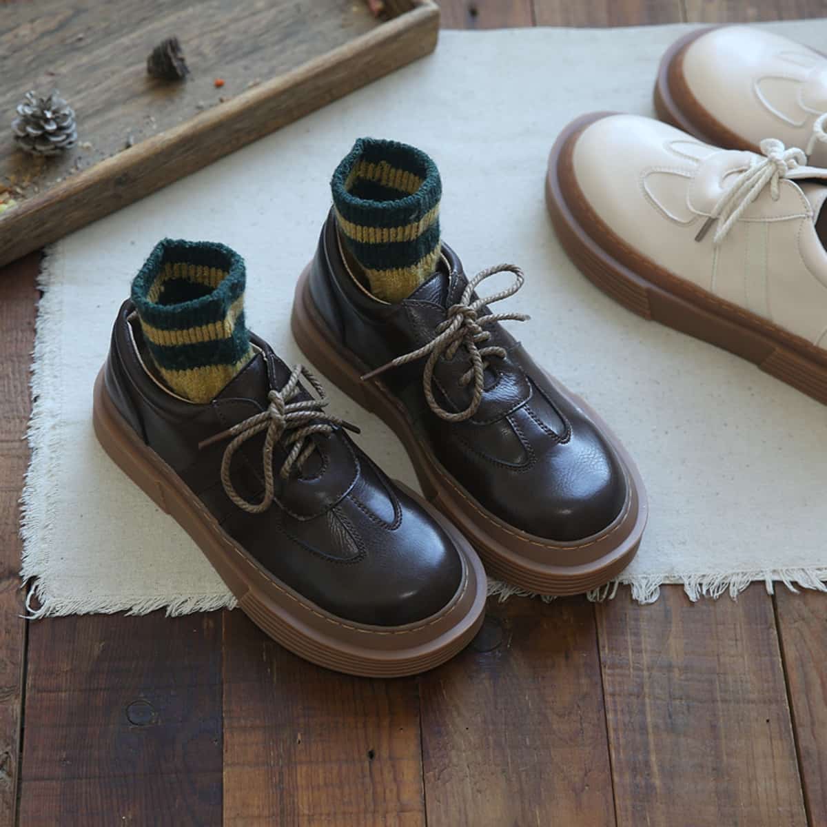 Glossy round head lace-up thick-soled big head shoes versatile small leather shoes single shoes women's autumn