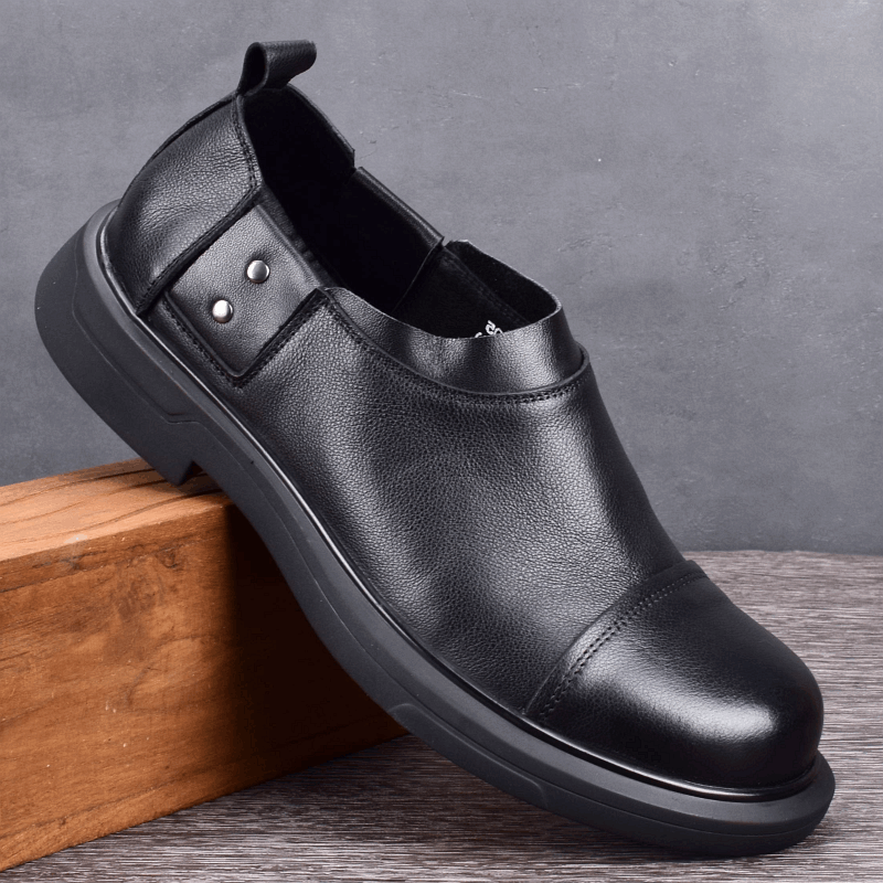 Men's shoes black first-layer cowhide round head leather shoes men's genuine leather breathable trendy shoes personalized business blue big head 