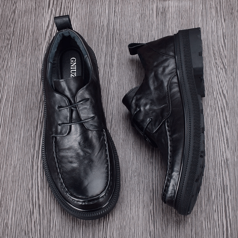 Casual leather shoes men's lace-up round head business first layer cowhide breathable thick sole men's shoes leather soft sole