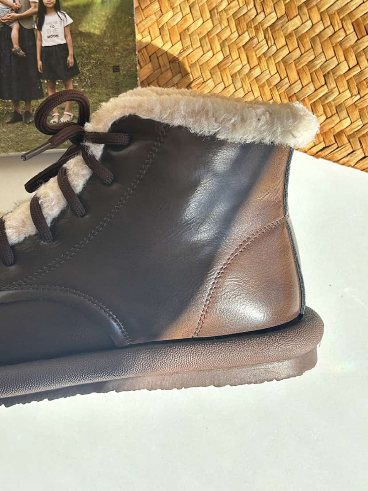 Imitation lamb wool round head lace-up short boots winter glossy flat-bottomed small leather boots snow boots