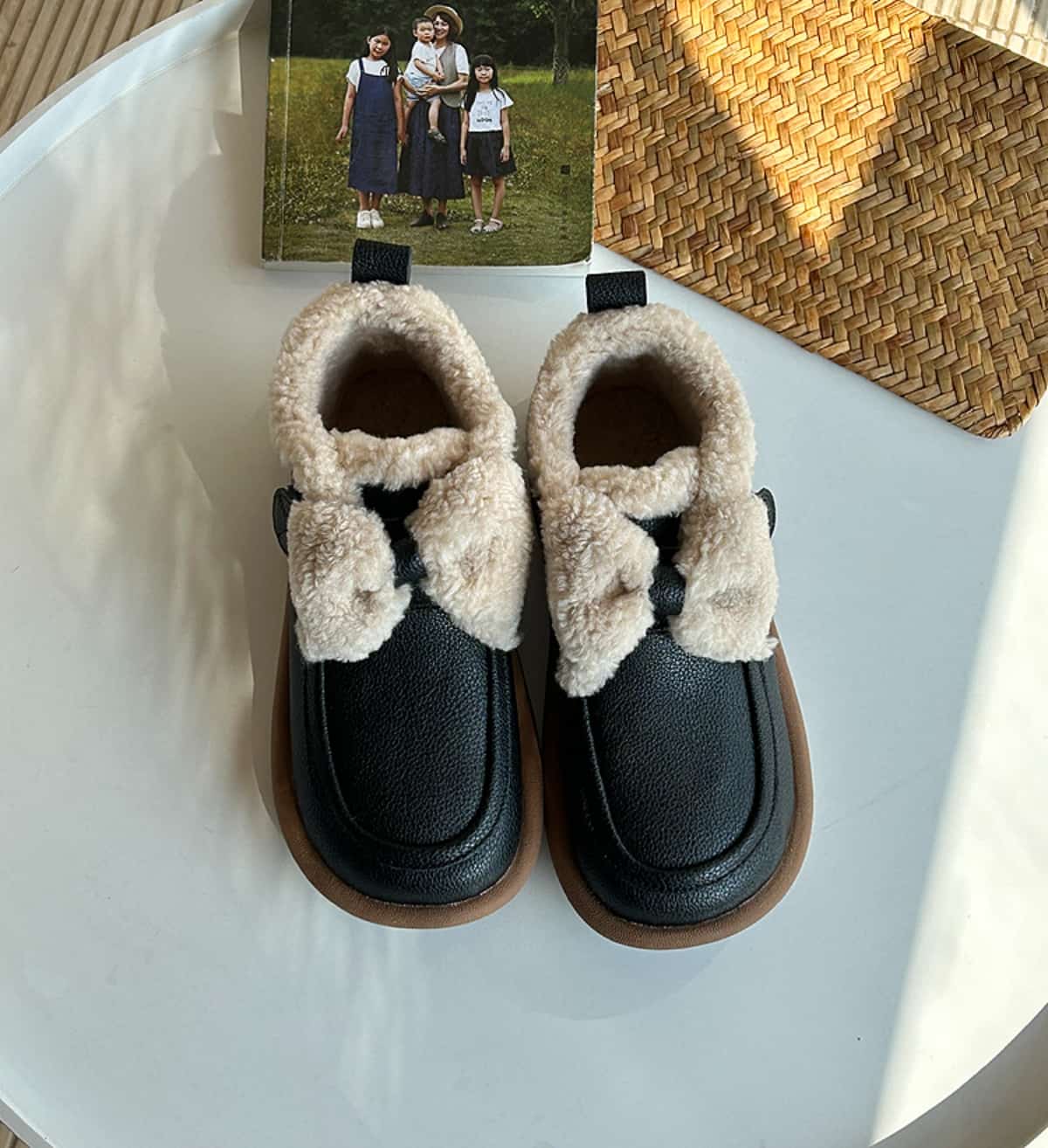 Imitation lamb wool round head flat-bottomed short boots winter bow soft cute warm snow boots