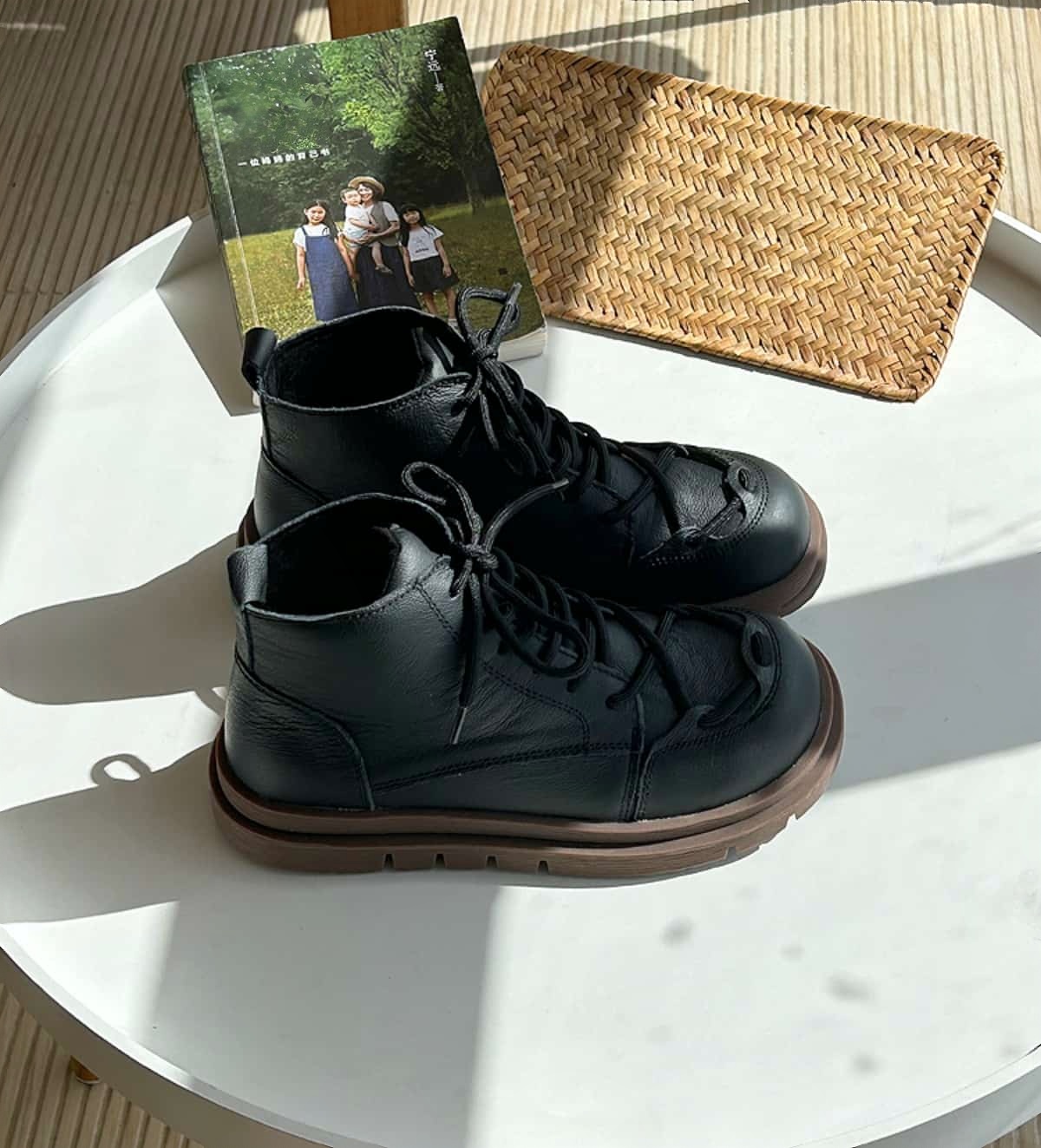 Leather round head strap-on platform Martin boots heightening fashion short boots