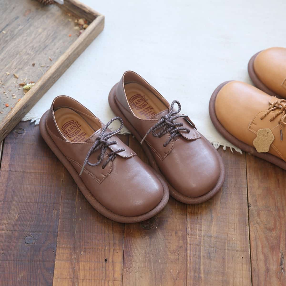 Leather round head lace-up flats, new comfortable small leather shoes, single shoes