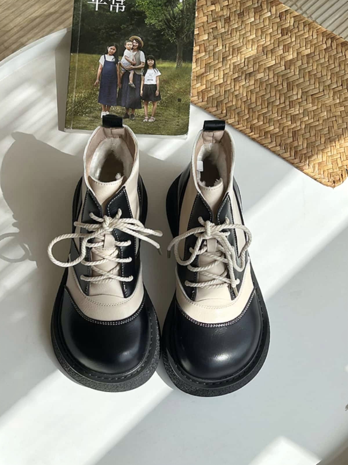 Round head lace-up platform big head shoes autumn and winter velvet medium heel short Martin boots