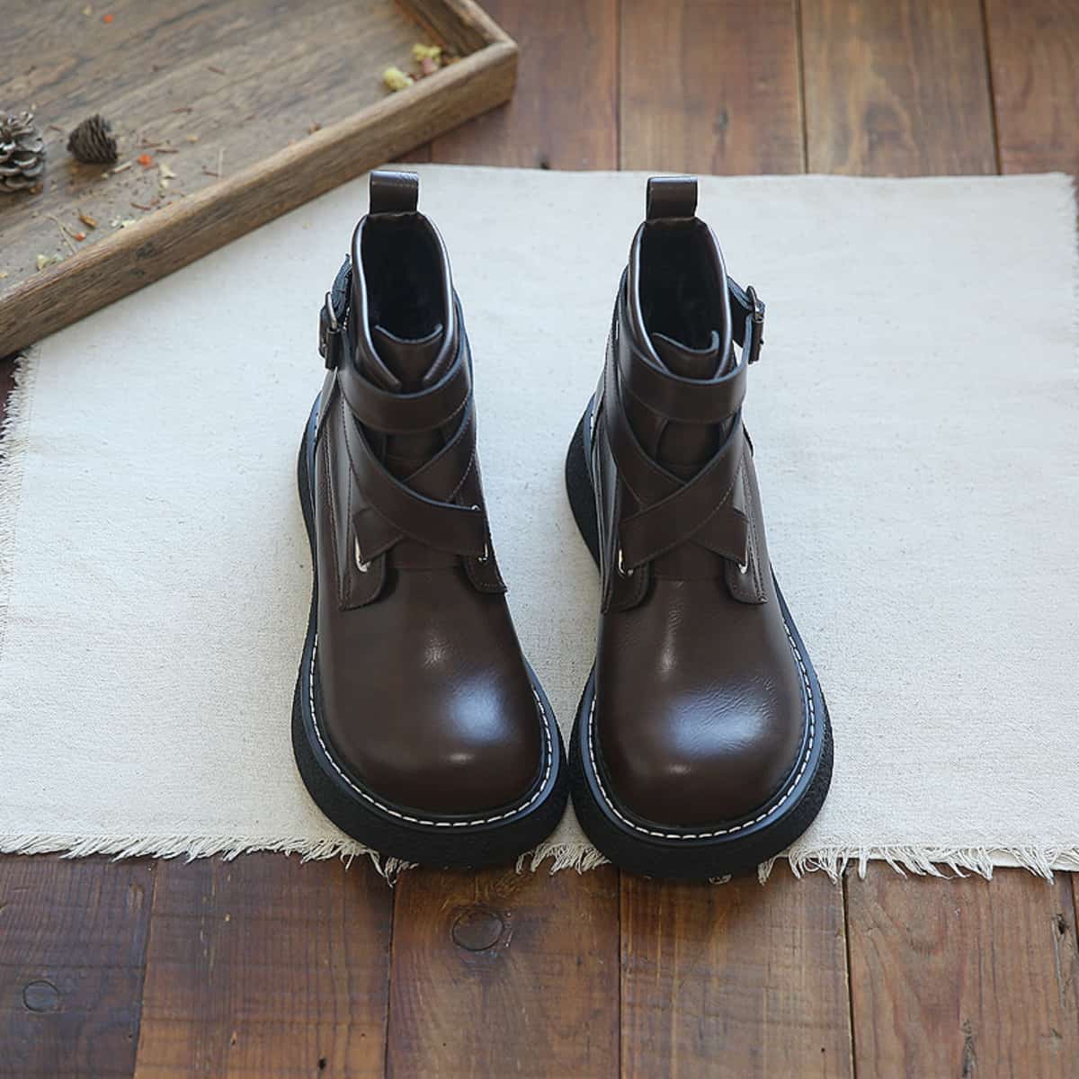 Round head platform big head shoes autumn and winter velvet cross strap fashion short boots Martin boots women