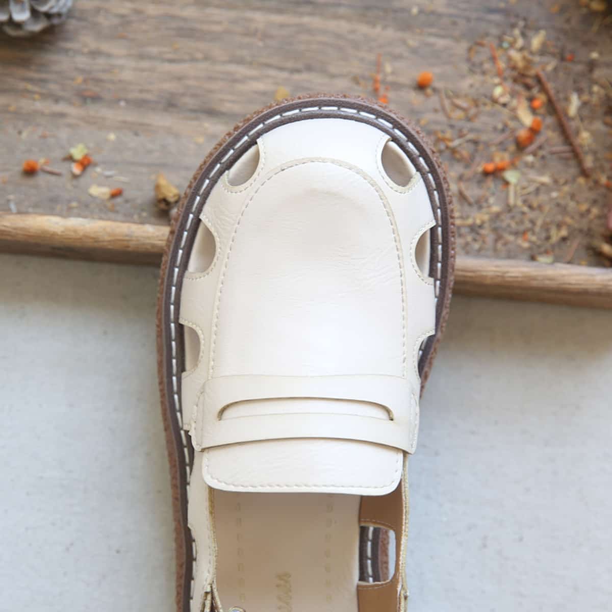 Hollow round head platform big head sandals summer Velcro beige mid-heel Roman shoes