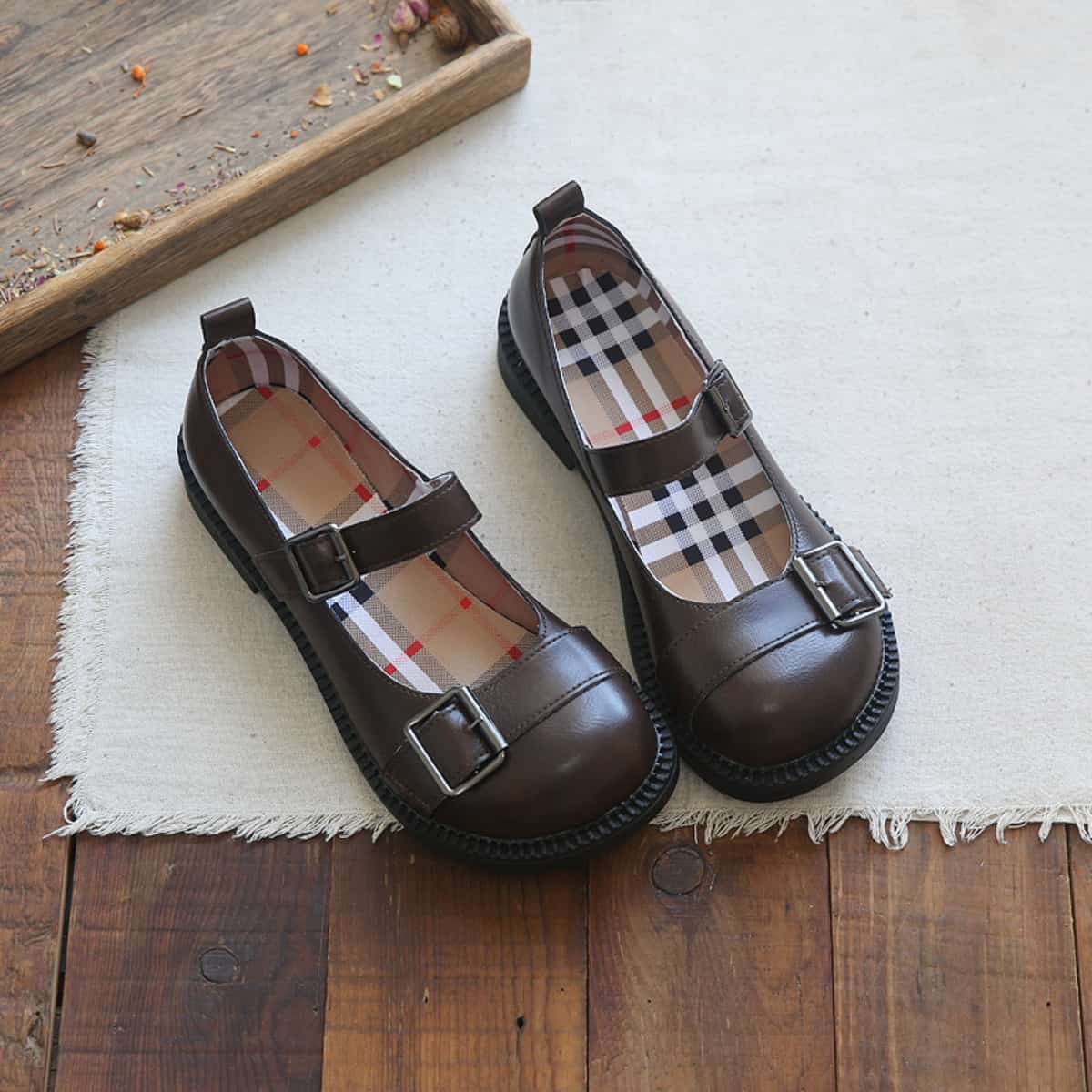 Glossy Baotou Flat Shoes Academy Style Small Leather Shoes French Medium Heel Big Head Sandals Women