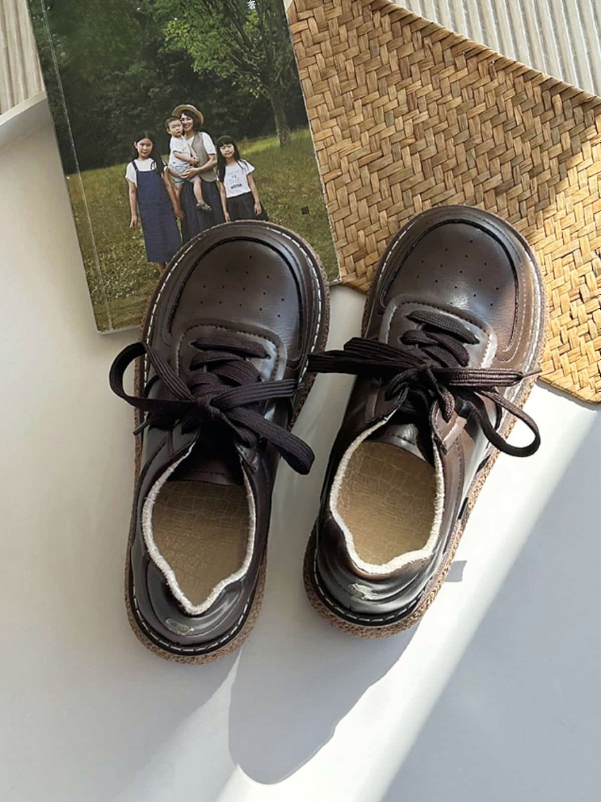 Round head lace-up thick-soled big head shoes autumn new black versatile small leather shoes single shoes