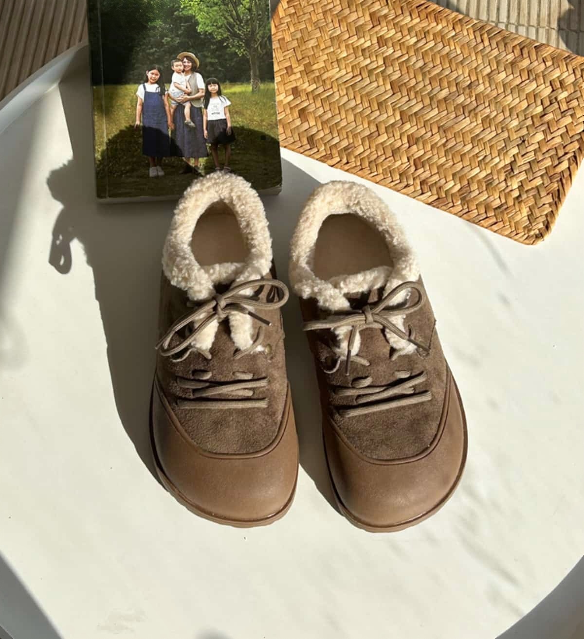 Imitation lamb wool round head flats winter cute lace-up beanie shoes snow boots