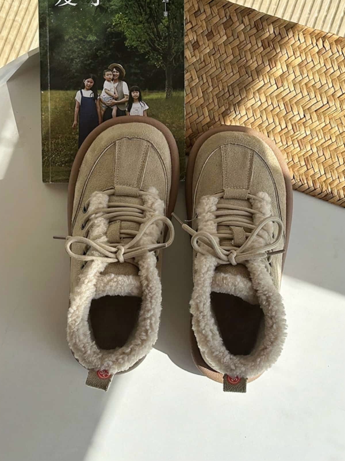 Imitation lamb wool round head strap-up flat-bottomed short boots winter velvet snow boots