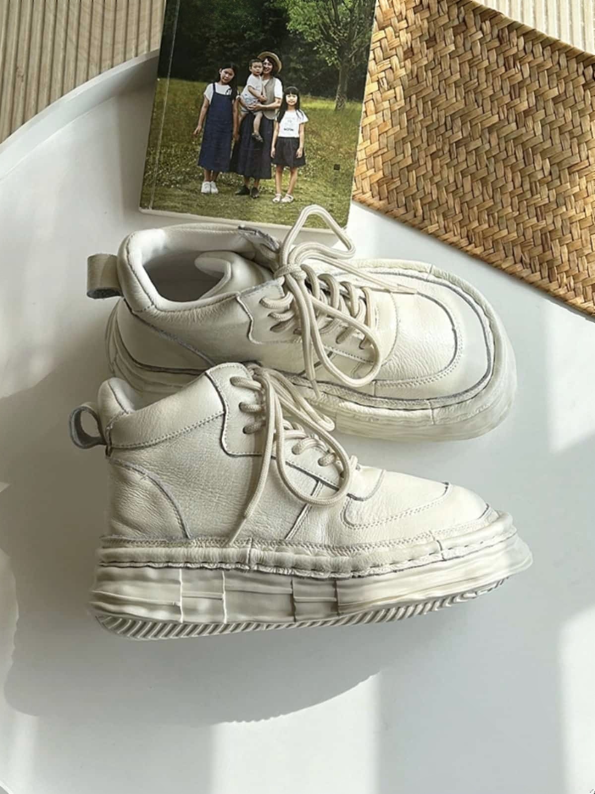 Leather round head lace-up thick-soled big-head shoes autumn heightening short boots