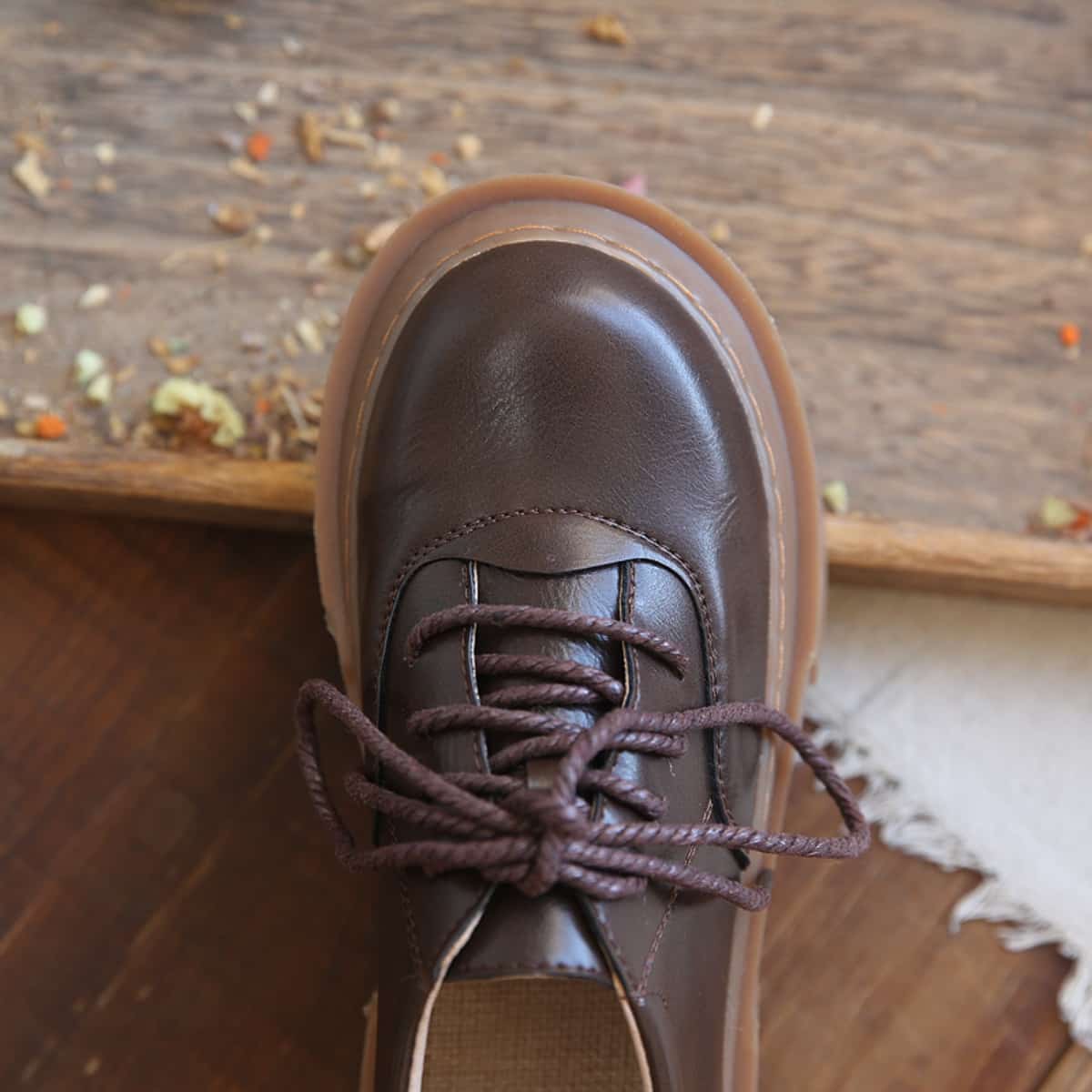 Glossy round head lace-up thick-soled big head shoes deep mouth versatile small leather shoes single shoes