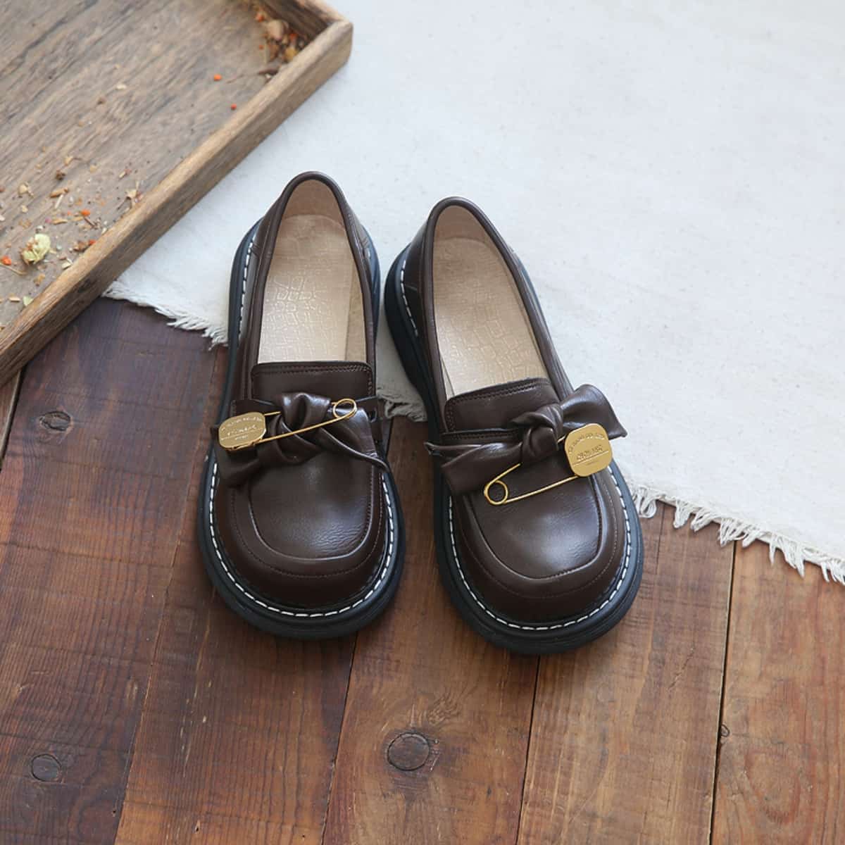 Round head thick sole big head shoes cute bow comfortable small leather shoes single shoes women