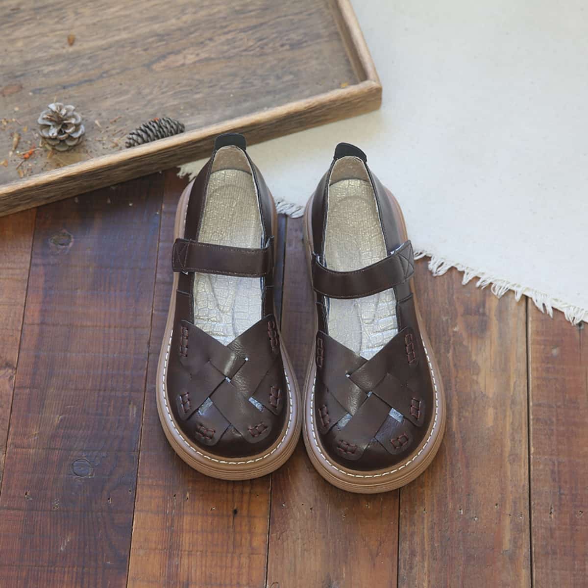 Hollow woven round head light mouth small leather shoes summer word with thick sole comfortable beige sandals