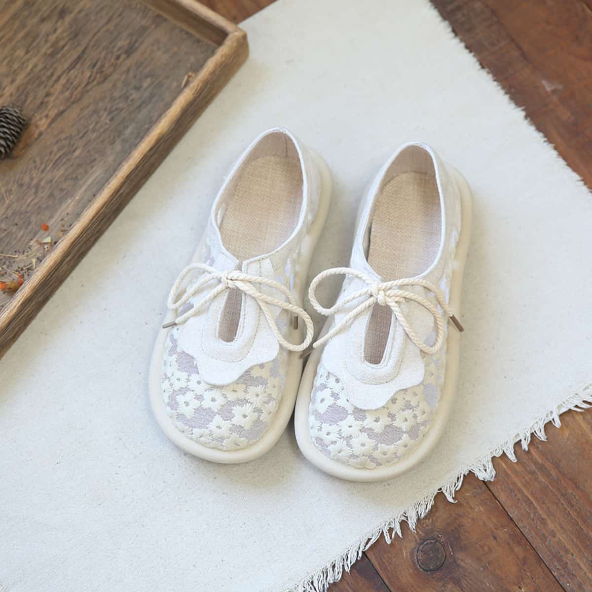 Mesh daisy round head shallow mouth flats summer sweet ruffle edge lace up comfortable single shoes