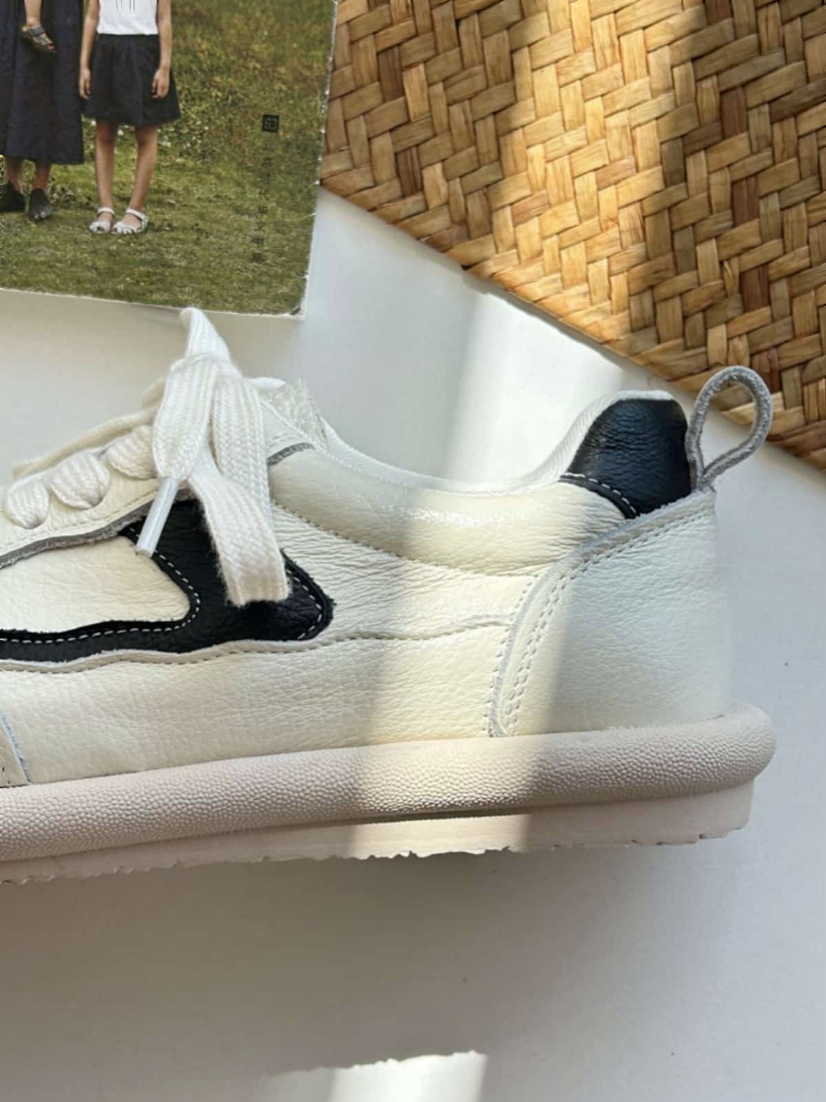 Leather round head strappy flat shoes comfortable soft sole color matching shoes little white shoes autumn