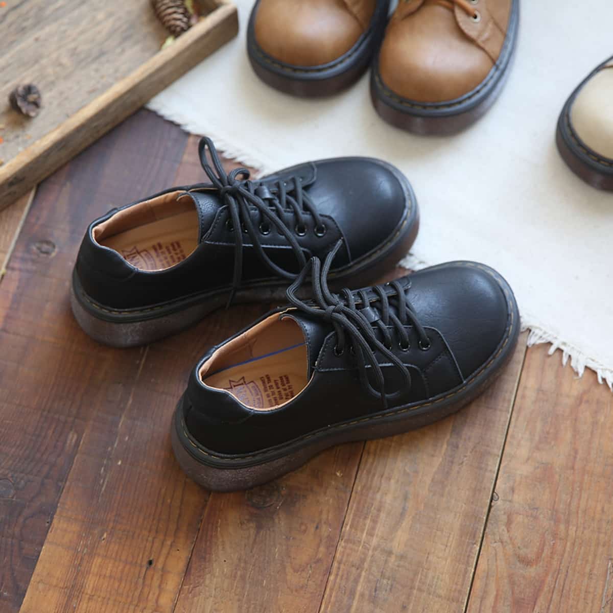 Round head lace-up platform single shoes spring new college style versatile black height-increasing small leather shoes women