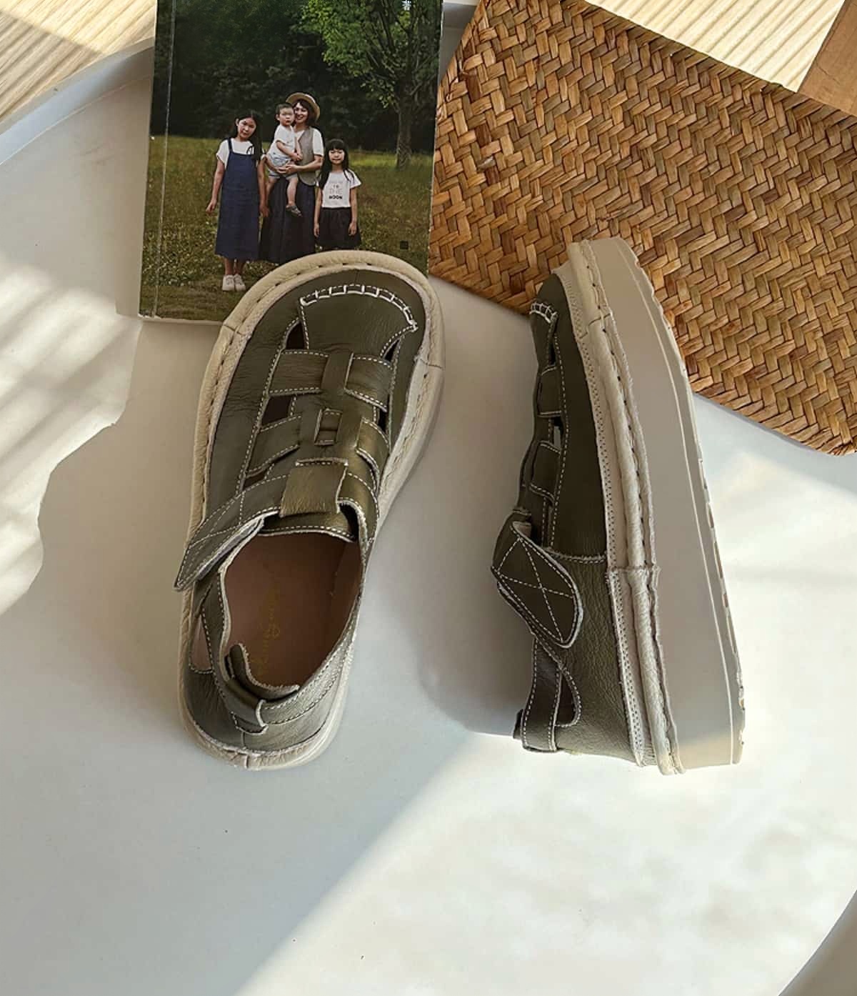 Leather wide head thick sole heightening sandals women's handmade big head shoes summer hollow breathable Roman women's shoes