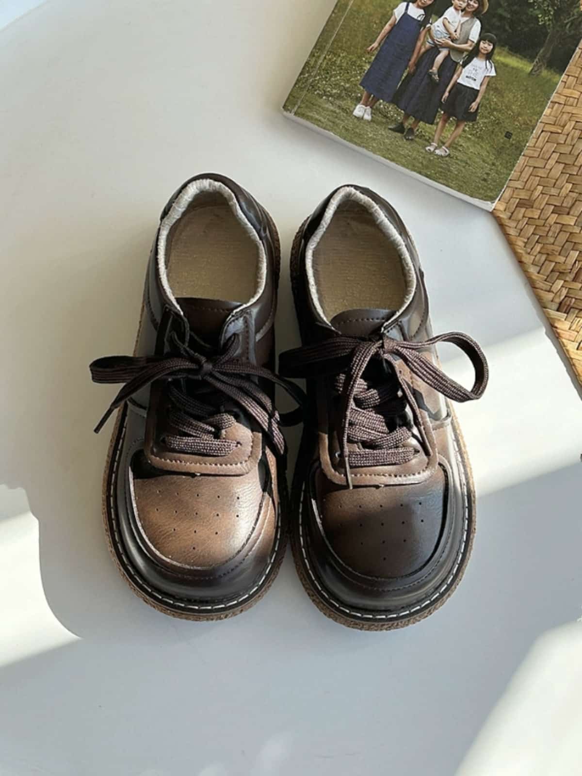 Round head lace-up thick-soled big head shoes autumn new black versatile small leather shoes single shoes