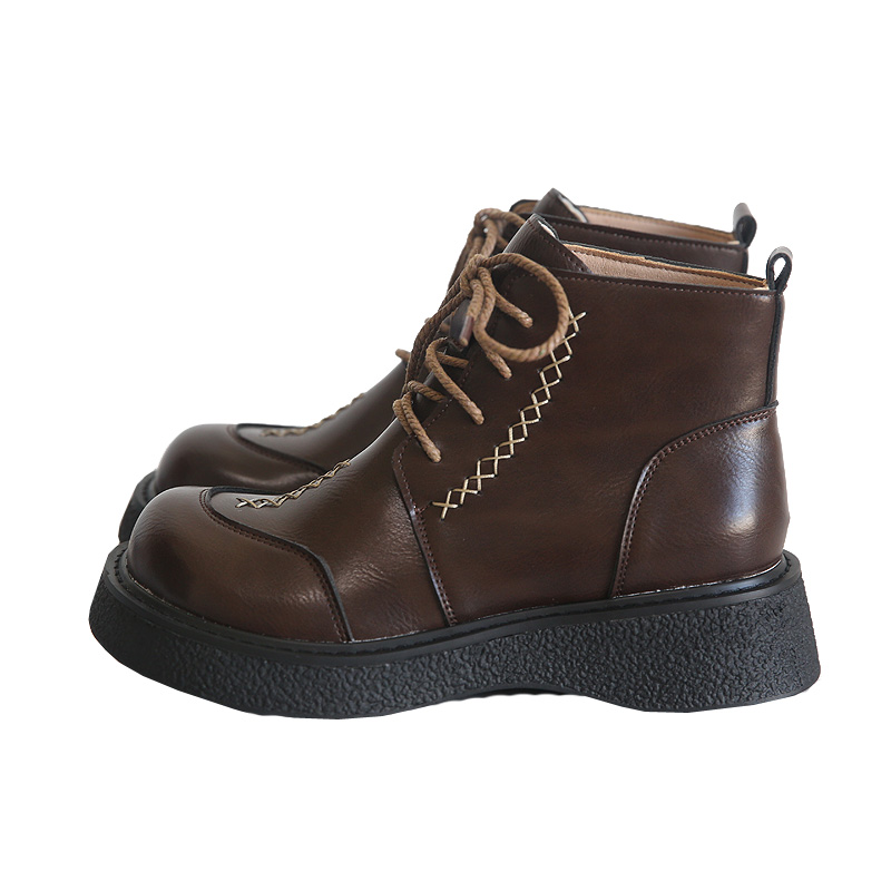 Round head lace-up thick-soled big-head shoes British style versatile heightening knight short Martin boots women