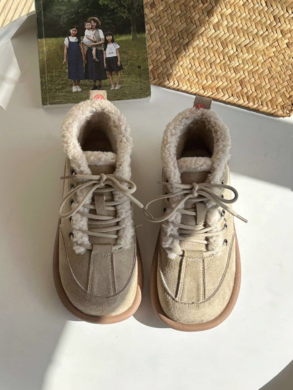 Imitation lamb wool round head strap-up flat-bottomed short boots winter velvet snow boots