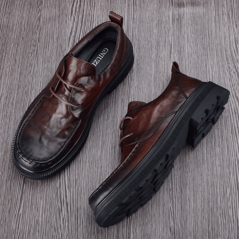 Men's casual leather shoes round head versatile breathable leather thick sole youth trend business casual shoes men's large size