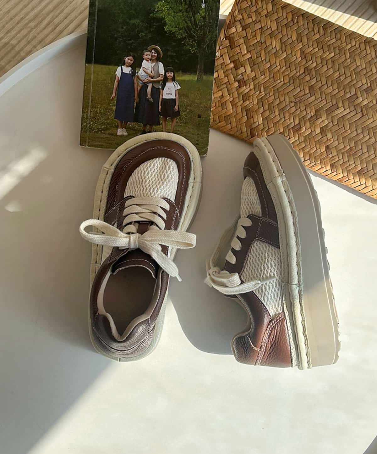 Leather round head lace-up shoes summer breathable mesh shoes handmade cowhide thick-soled big head shoes