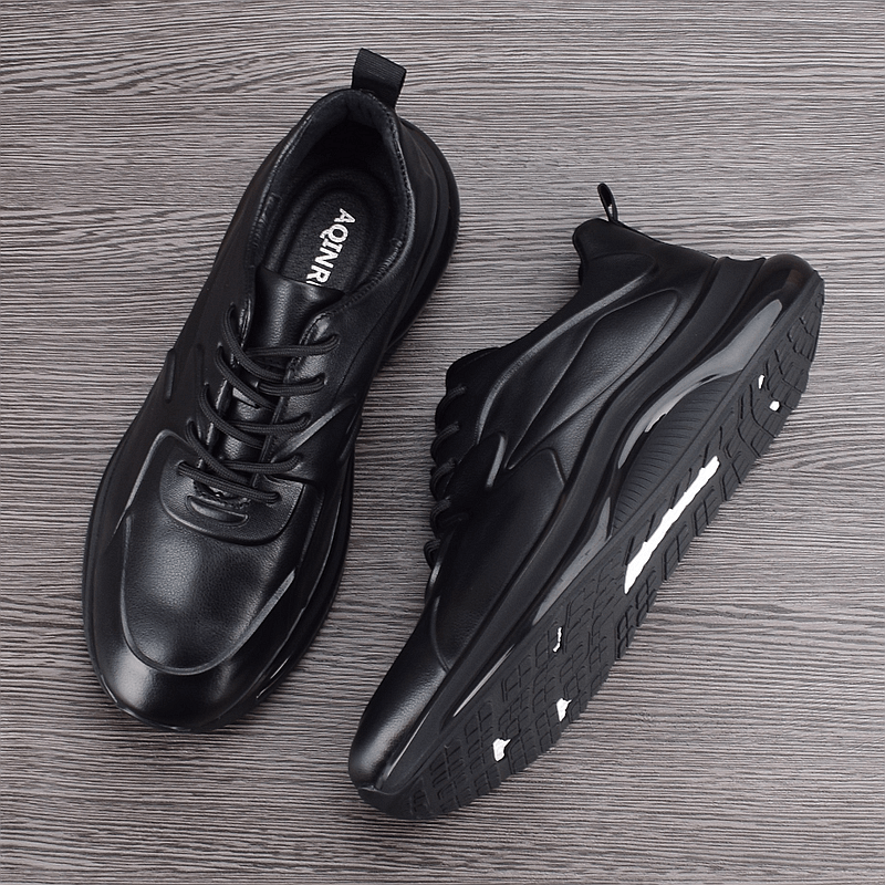 Leather thick-soled black breathable sneakers men's lace-up shock-absorbing air cushion bottom first-layer cowhide running shoes