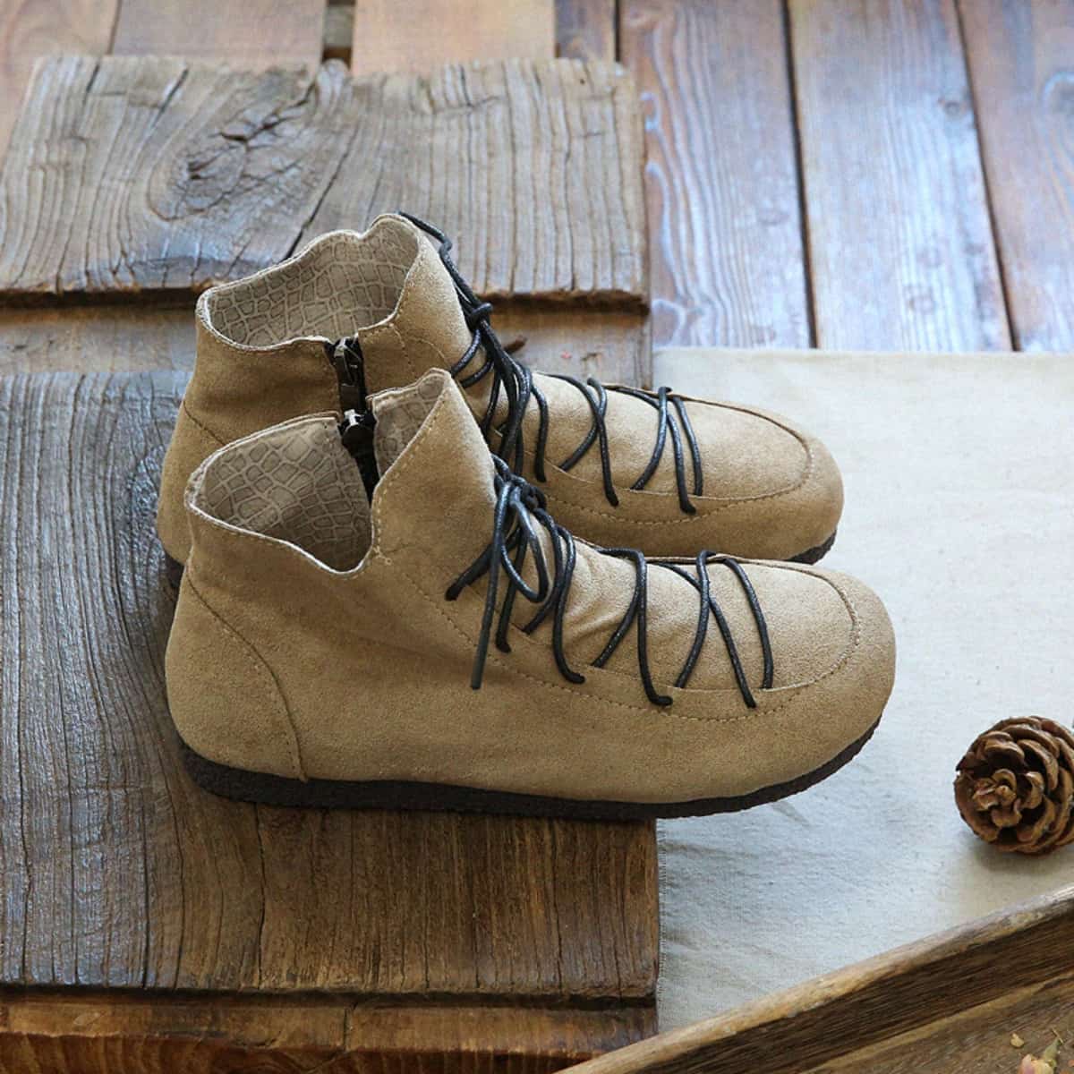 Suede round head strap flat bottom women's boots comfortable soft sole short boots side zipper bare boots women