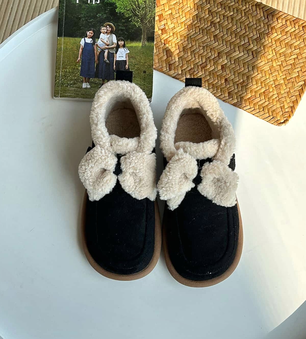 Imitation lamb wool round head flat-bottomed short boots winter cute bow soft cute snow boots
