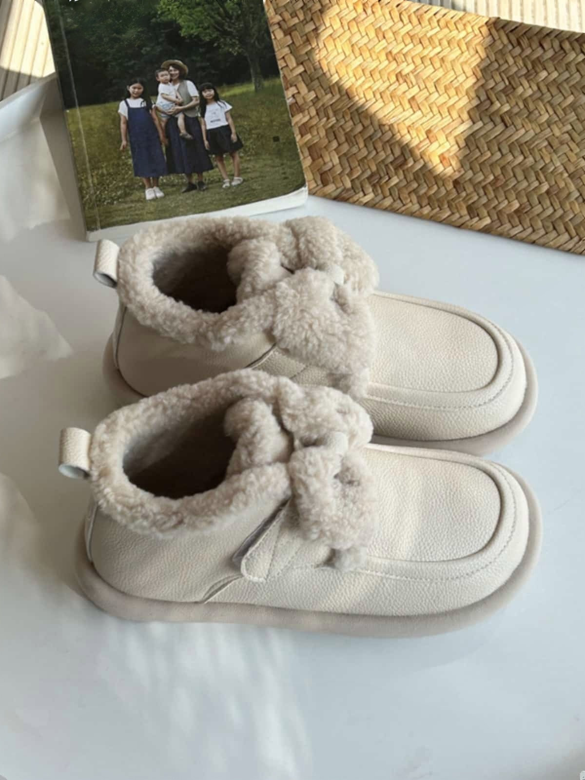 Imitation lamb wool round head flat-bottomed short boots winter bow soft cute warm snow boots