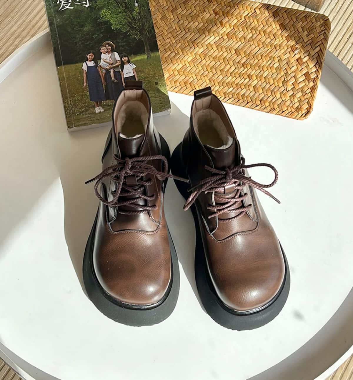 Round head lace-up thick-soled Martin boots winter velvet fashion heightening small leather shoes short boots