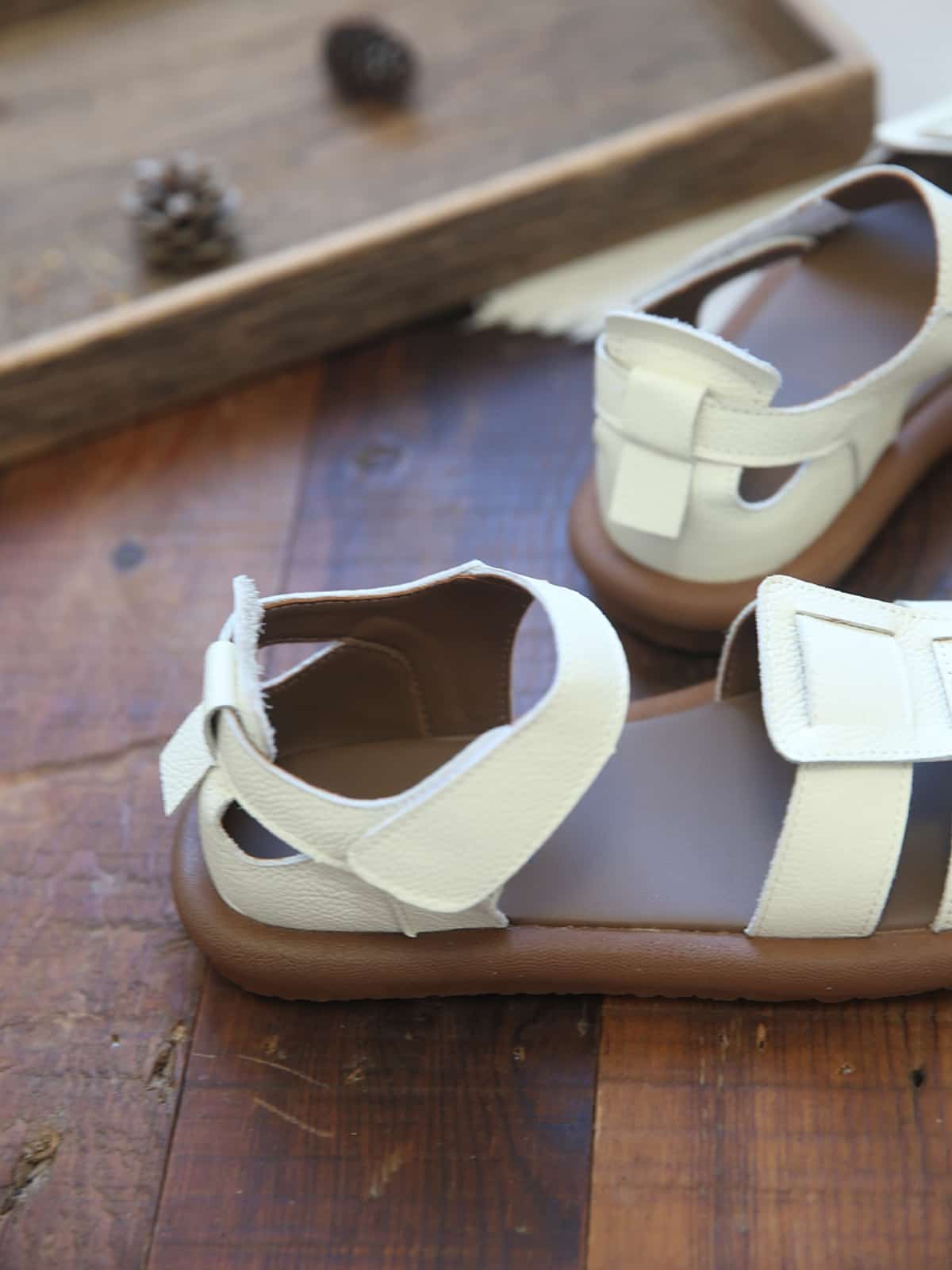 Leather Hollow Baotou Flat Shoes Summer Velcro Breathable Soft Sole Roman Sandals