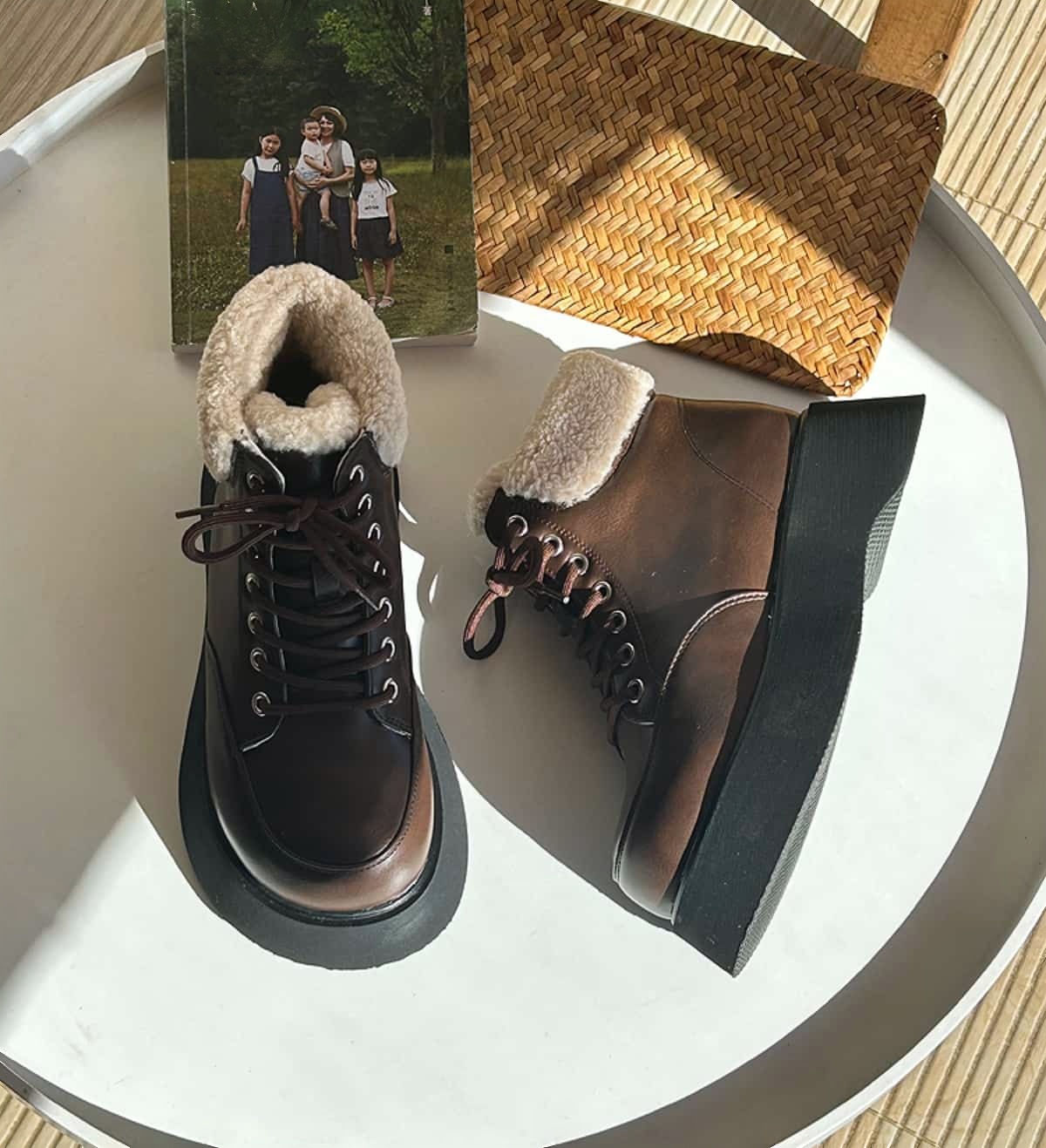 Imitation lamb wool lace-up thick-soled Martin boots winter heightening handsome black short boots