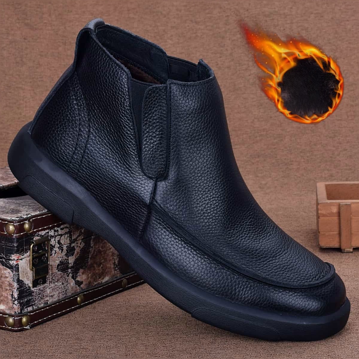 Casual leather shoes men's genuine leather velvet thermal cotton shoes men's winter business high-top first-layer cowhide non-slip