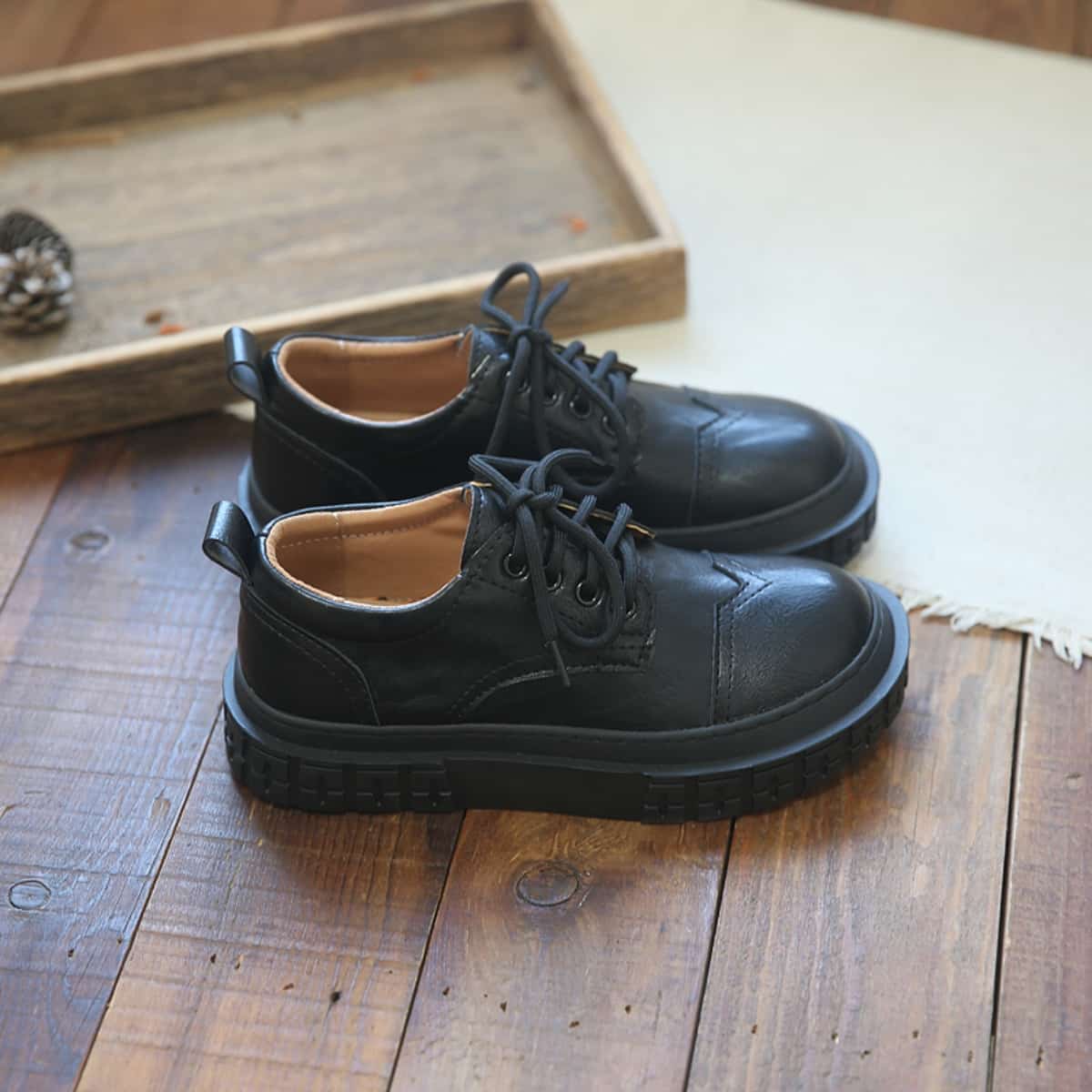 Round head lace-up platform big head shoes Spring student medium heel black shoes single shoes