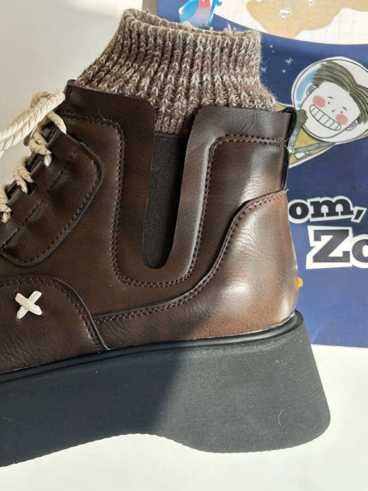 Round head lace-up thick-soled big head shoes winter wool mouth soft cute black small leather shoes Martin boots women