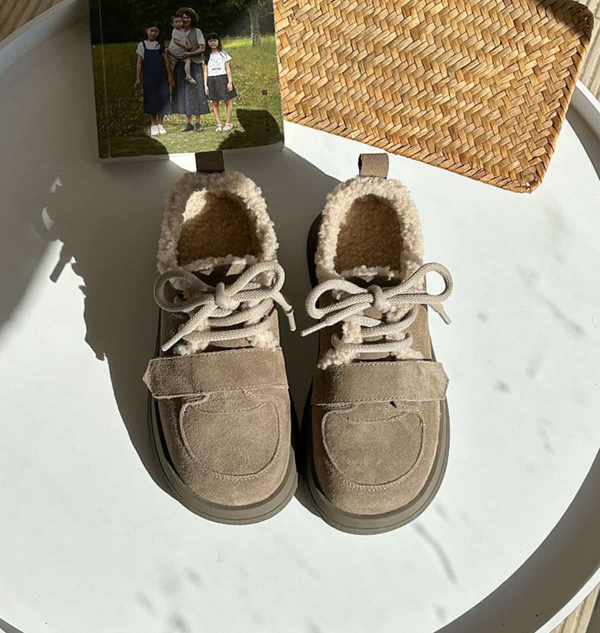 Leather round head thick-soled snow boots winter imitation lamb wool cute thermal shoes