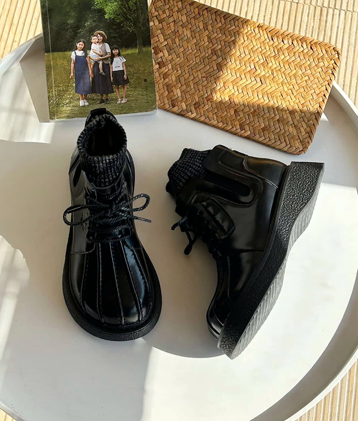 Round head lace-up thick-soled big head shoes autumn and winter wool mouth medium heel small leather shoes short boots