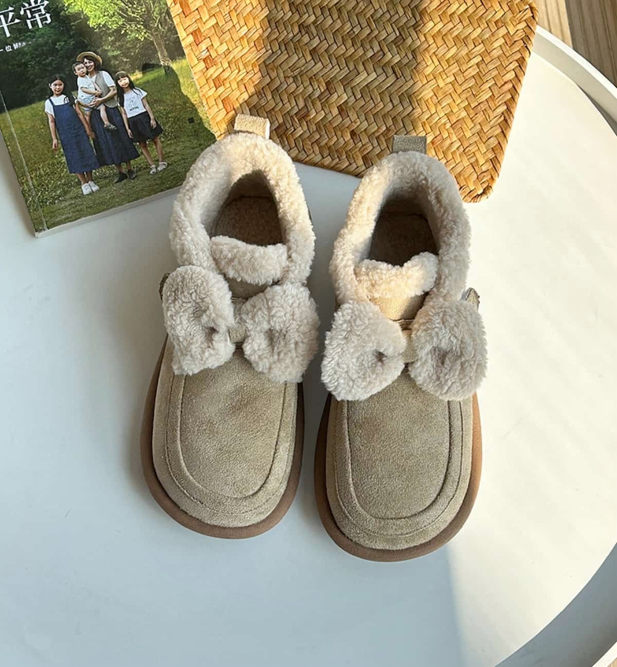 Imitation lamb wool round head flat-bottomed short boots winter cute bow soft cute snow boots