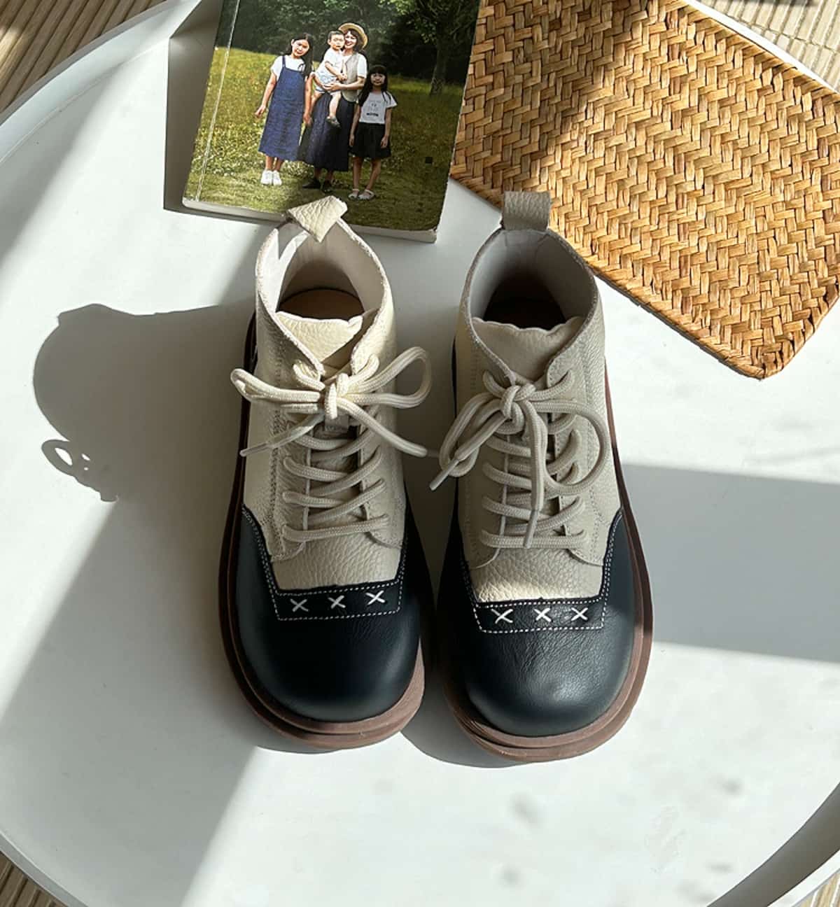 Leather round head strap-on platform Martin boots autumn fashion color matching short boots