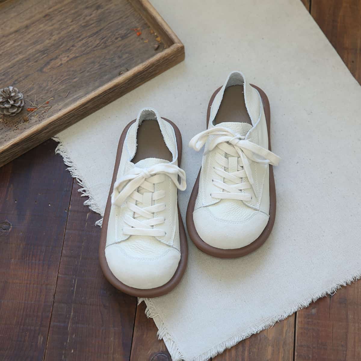 Leather round head lace-up single shoes comfortable soft sole low heel big head shoes small leather shoes