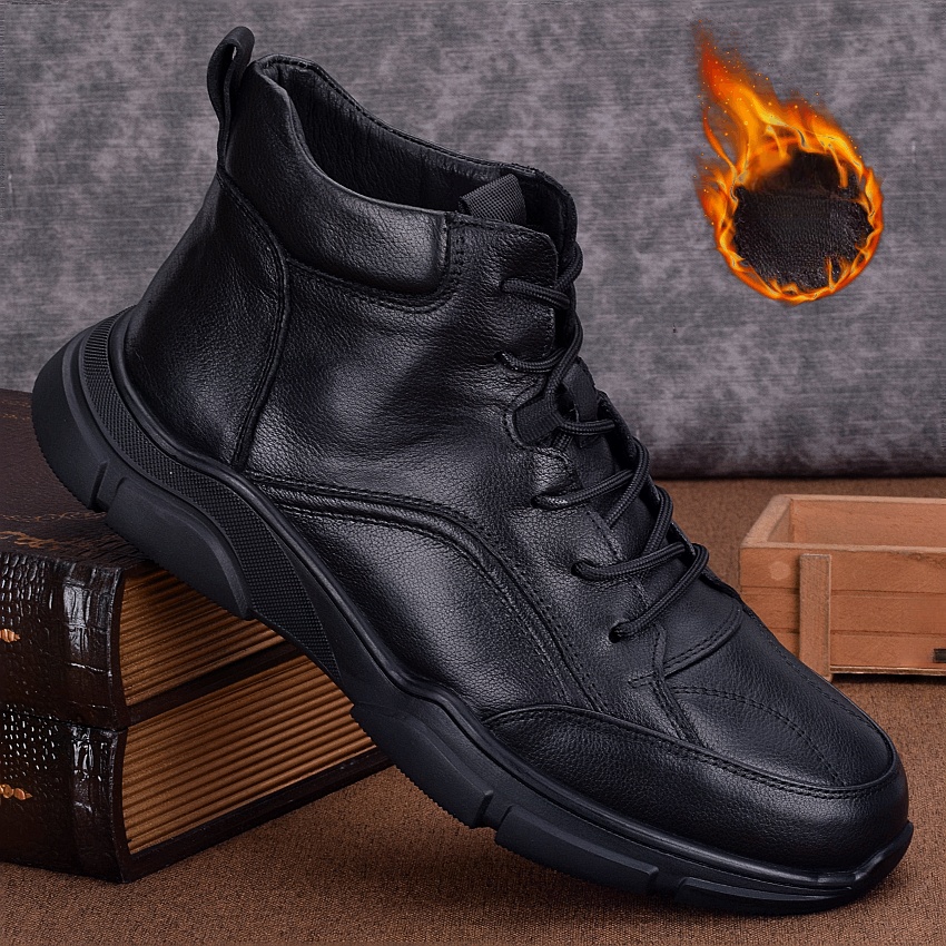 High-top leather shoes men's business leather winter velvet warm cotton shoes non-slip men's casual sports shoes
