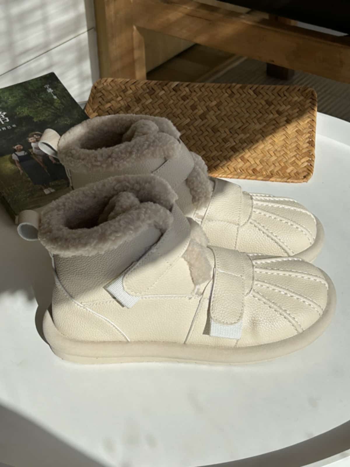 Imitation lamb wool round head flat-bottomed short boots winter beige cute soft-soled snow boots