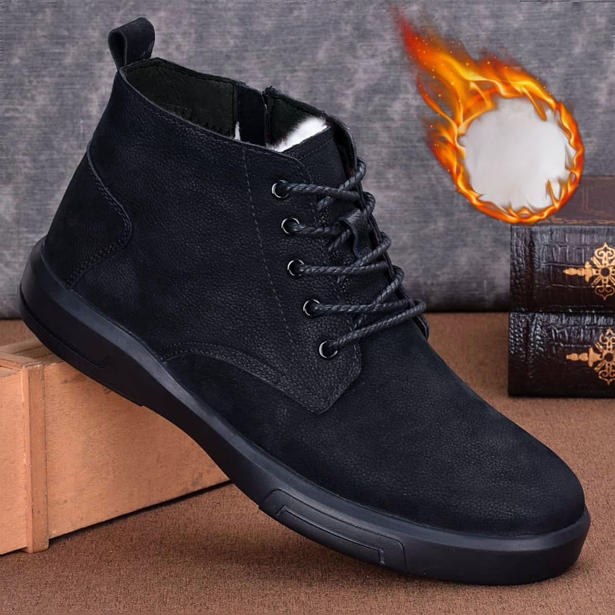 Fleece thermal cotton boots pure wool leather shoes men's cotton shoes genuine leather Martin boots high-top men's shoes