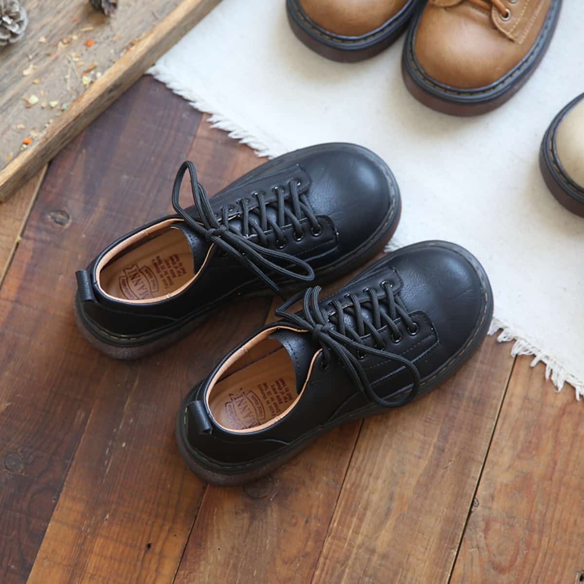 College style round head lace-up platform single shoes spring new classic black low-top small leather shoes women